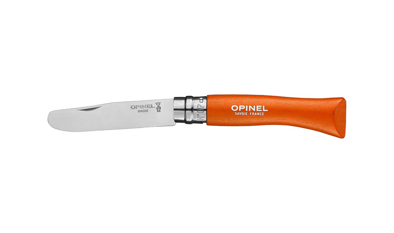 Mon Premier Opinel no 7, manche en charme verni mandarine, lame à bout rond