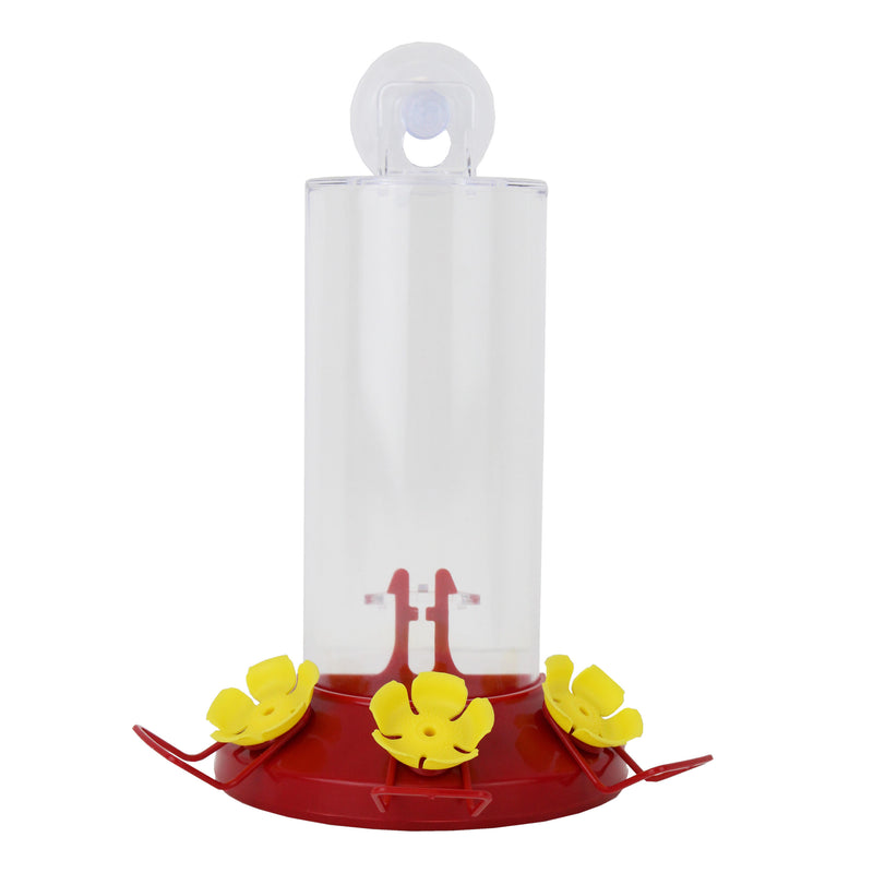 Perky-Pet 8 oz window-mount hummingbird feeder with suction cup and three flower-shaped ports