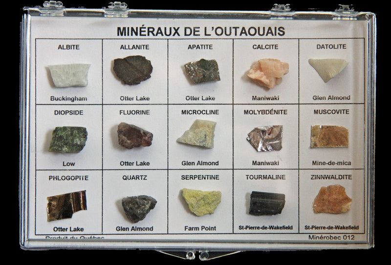 Coffret de 15 minéraux de l'Outaouais – spécimens dans un présentoir (Minroc Science)