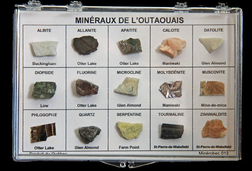 Coffret de 15 minéraux de l'Outaouais – spécimens dans un présentoir (Minroc Science)