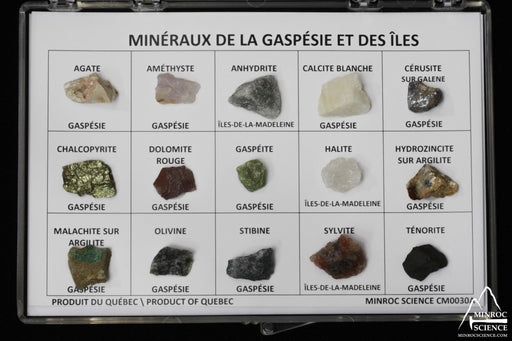 Coffret de 15 minéraux de la Gaspésie et des Îles-de-la-Madeleine – spécimens dans un présentoir (Minroc Science)