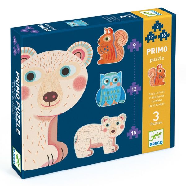 Djeco Primo Puzzle In the Forest, three progressive shaped puzzles: owl, squirrel, bear