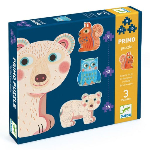 Djeco Primo Puzzle In the Forest, three progressive shaped puzzles: owl, squirrel, bear