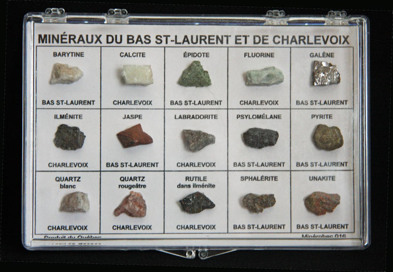 Coffret de 15 minéraux du Bas-Saint-Laurent et de Charlevoix – spécimens dans un présentoir (Minroc Science)