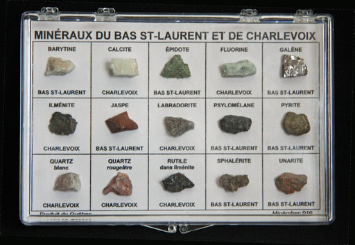Coffret de 15 minéraux du Bas-Saint-Laurent et de Charlevoix – spécimens dans un présentoir (Minroc Science)