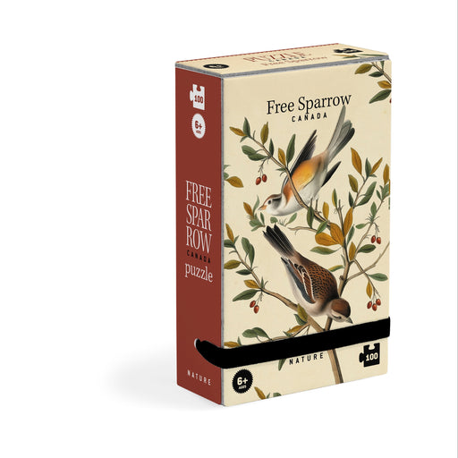 Londji Free Sparrow tiny puzzle assembled beside its box