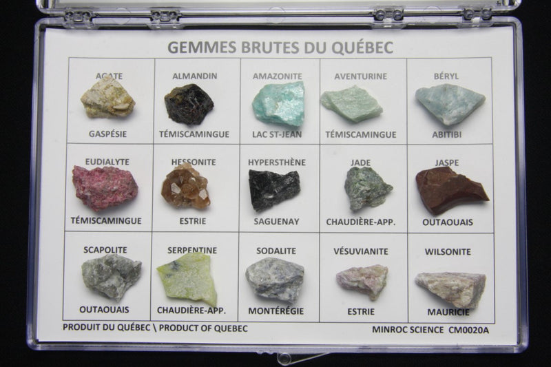 Coffret de 15 gemmes brutes du Québec – spécimens dans un présentoir (Minroc Science)