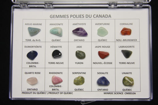 Coffret de 15 gemmes polies du Canada – spécimens dans un présentoir (Minroc Science)