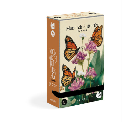 Londji Monarch Butterfly tiny puzzle assembled beside its box