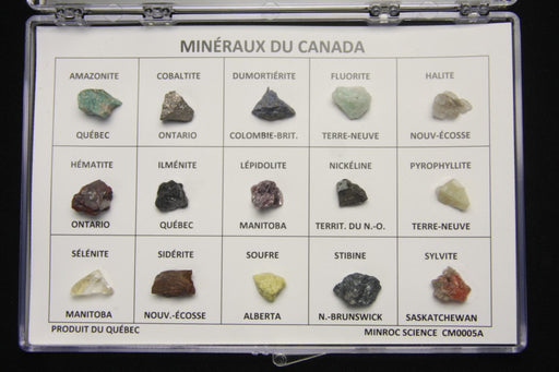 Coffret de 15 minéraux du Canada – spécimens dans un présentoir (Minroc Science)