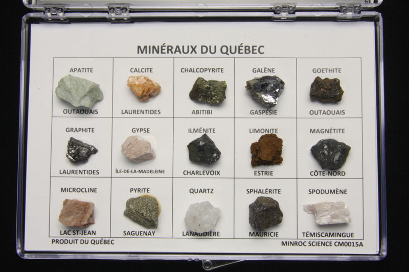 Coffret de 15 minéraux du Québec – spécimens identifiés dans un présentoir (Minroc Science)
