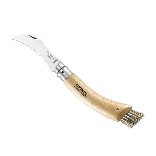 Opinel No.08 Mushroom Knife with Brush — curved stainless blade and beechwood handle with boar-bristle brush