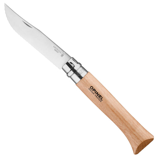 Opinel couteau pliant no 12 à lame crantée, manche en hêtre, ouvert