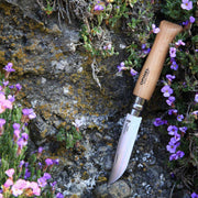 Couteau Opinel no 9 posé sur un rocher fleuri en montagne