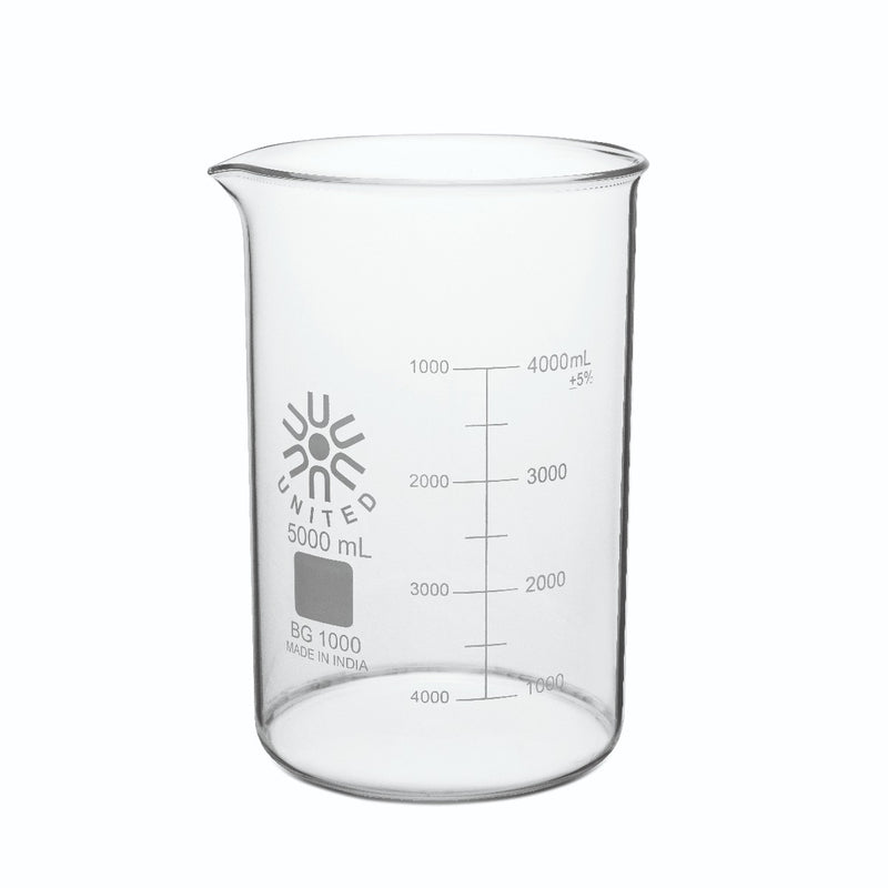 Bécher en verre borosilicaté de 5000 ml, forme basse Griffin, avec bec verseur et graduations