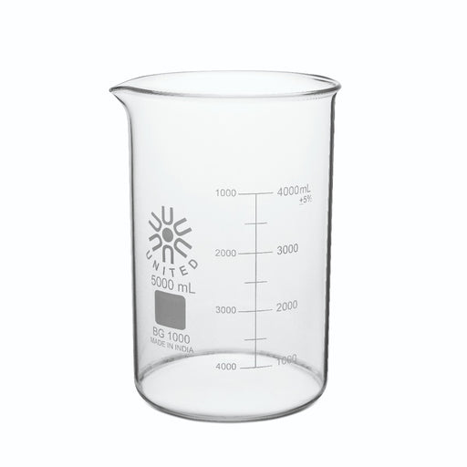 Bécher en verre borosilicaté de 5000 ml, forme basse Griffin, avec bec verseur et graduations