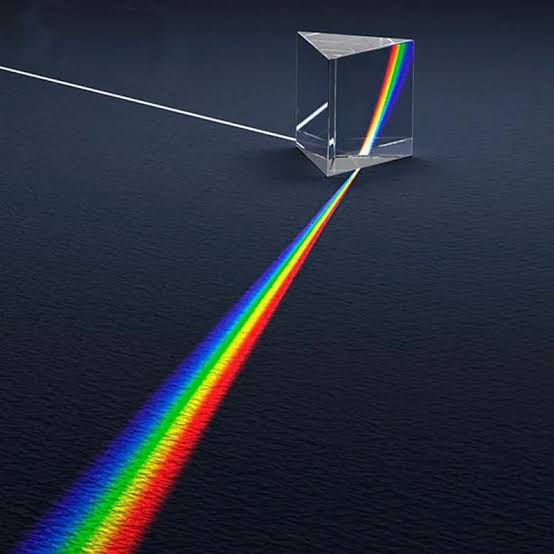 Equilateral glass prism dispersing white light into the visible spectrum