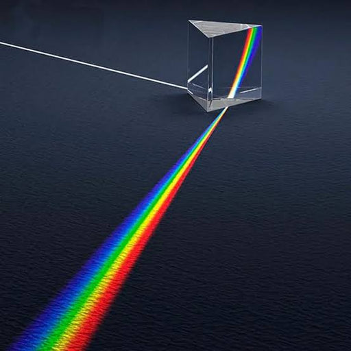Equilateral glass prism dispersing white light into the visible spectrum