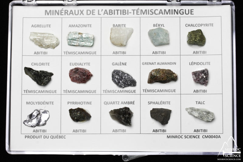 Coffret de 15 minéraux de l'Abitibi-Témiscamingue – spécimens dans un présentoir (Minroc Science)