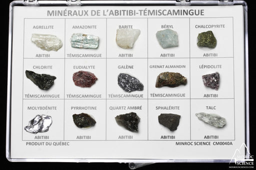 Coffret de 15 minéraux de l'Abitibi-Témiscamingue – spécimens dans un présentoir (Minroc Science)