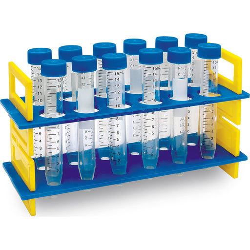 Coloured two-tier test tube rack with 12 plastic tubes 15 mL