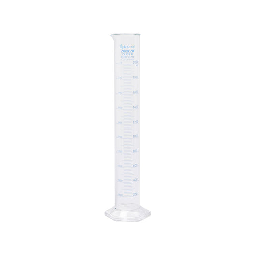 Cylindre gradué en verre borosilicaté de 2000 ml, classe B, à double échelle, bec verseur et base hexagonale